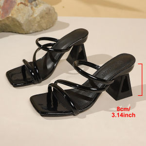 2026 New Style Gold Square-Toed High-Heeled Mules With Chunky Heels Fashionable And Versatile WomenS Comfortable Outdoor Shoes