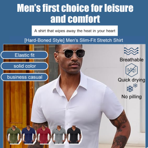[Hard-bodied style] Mens slim-fit stretch shirt Muscular mens fitness short sleeve Lapel shirt Stretch thin solid color sports shirt Business ironing shirt