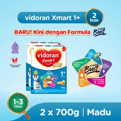 vidoran Xmart 1+ Madu 700gr Susu Formula Pertumbuhan Anak 1-3 Tahun - 2 box (Exp : 03.2027)