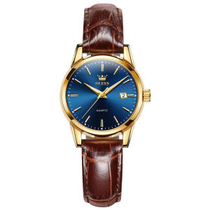 OLEVS 6898 Women Quartz Fashion Watch Gift Genuine Leather Watchband Round-dial Wristwatch Calendar Luminous