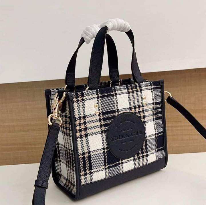 dempsey tote 22 with garden plaid print and coach patch