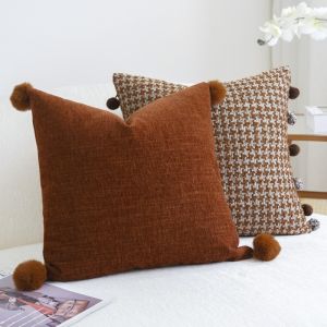 Vintage Tweed Cushion Cover with Fuzzy Ball Neutral Minimalist Aesthetic Room Decor Soft Chenille Pillowcase for Couch Sofa Home