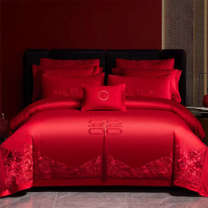 Bedding four-piece set high-end wedding four-piece set Chinese dragon and phoenix embroidery red wedding cotton bed sheet quilt cover bedding (bed sheet * 1 quilt cover * 1 pillowcase * 2)