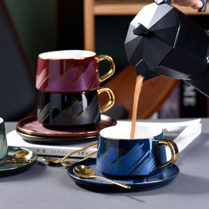 【Gods House】Nordic Coffee Cups and Saucer Set Exquisite Gold Rim Black Tea Cup Breakfast Milk Cup Afternoon Tea Snack Plates 250ml