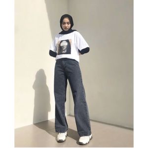 Celana Kulot Jeans Wanita High Waist Polos Pastel Lilac