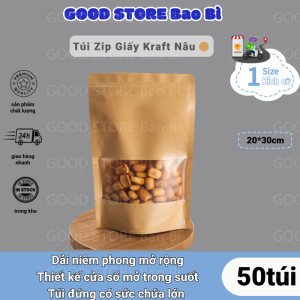 Bộ 50 Túi Dây Kéo Giấy Kraft Đáy Đứng 20*30+5Cm Có Cửa Sổ - Chống Thấm Nước Và Cực Bền