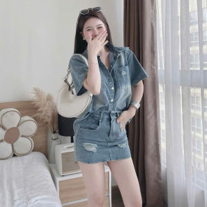 DX_Set đồ nữ mặc hè set Jean Quảng Châu rách nhẹ áo sơ mi có túi phối chân váy ngắn ôm dáng xinh
