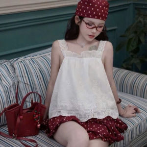 MK_Set đồ nữ mặc hè thiết kế đi biển áo babydoll hai dây phối Ren mix chân váy ngắn chấm bi bèo xinh kèm khăn dễ thương