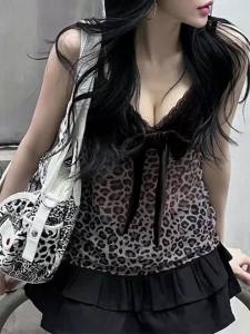 Áo crop top lưới báo y2k nơ nhung váyxuyên thấu áo camisole vintage Hàn Quốc áo tank ren xếp nếp