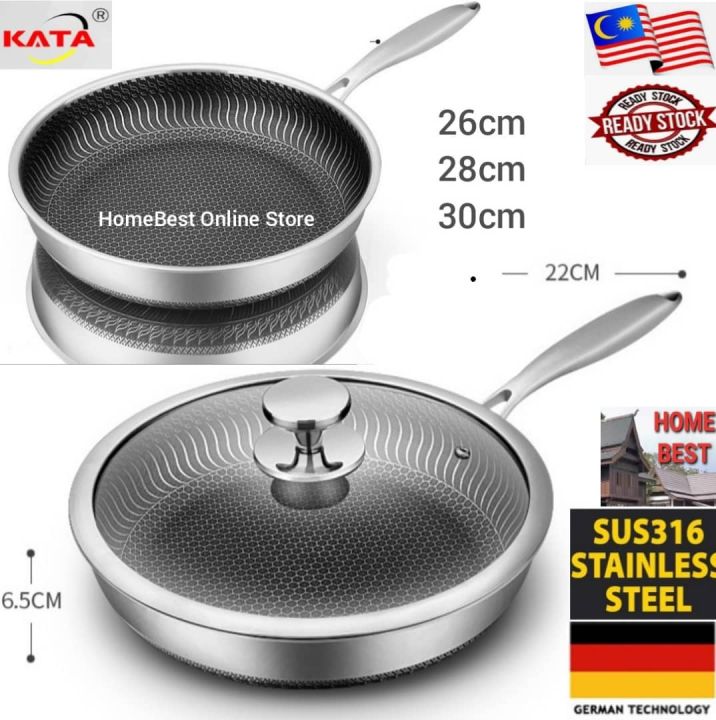 KATA SUS316 Stainless Steel Pan Skillet NonStick Wok With Lid (26/28/30cm) Lazada