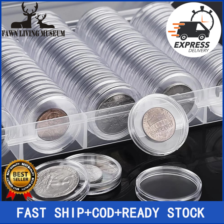 100pcs Transparent Plastic Coin Holder Coin Collecting Box Case For