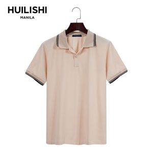 HUILISHI Classic Lapel Double Stripe Mens Plain Fashion Commuting Short Sleeve Polo/T-Shirt