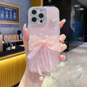 【New】Self-contained Diamond Lens Film Bezel Diamond Series 3D Bowknot Bows & Butterflies Pattern IMD Phone Case With Bracelet For iPhone 11 12 13 14 15 16 17 Series