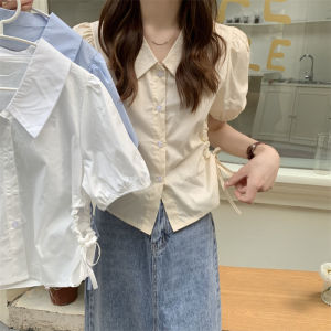 SHUFU 2331 Ready Stock korean style shirt for women fashion on sale plain lapel chiffon blouse plus size casual short sleeve top puff sleeves