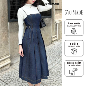 Đầm Jean nữ 2 dây xếp ly GYOMADE® dáng dài thanh lịch mặc mát thoáng (không kèm áo sơ mi) | GV021DB