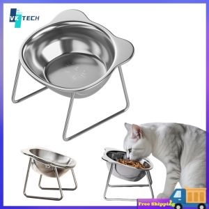 [ VKTECH ] Pet Feeding Bowls Elevated Stainless Steel with Stable Stand Non-Slip Double Dishes for Cats