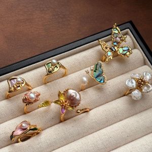 TEWUB Oil Painting Baroque Pearl Ring Rose Flower Butterfly Vintage Ring Elegant Copper Luxury Flower Ring Women