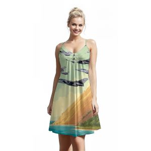 Jumeast Airplane Pattern Women Fashion Button Sling Dress Desert 3D Printed Beach Elegant Skirt Tropical Hawaiian Casual Clothing