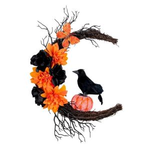 K0Y9VB4G Gothic Style Halloween Wreath Plastic Hanging Ornaments Cat Crow Wreath Atmosphere Decoration Moon Shape Artificial Flower Garland Front Door Decor