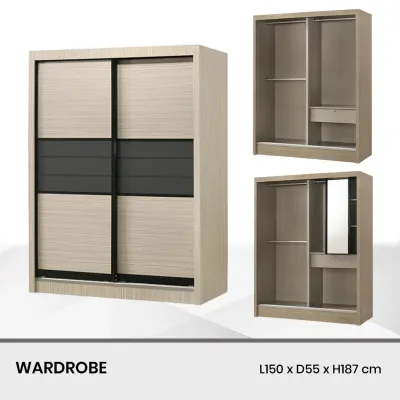 5 Feet Sliding Door Wardrobe With Drawer & Sliding Mirror Bedroom Furniture