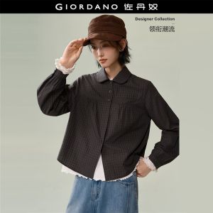 Giordano Women Doll collar long sleeve plaid shirt Free Shipping 18346825
