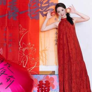 G7 New Chinese Style Retro Red Floral Halter Dress Morning Gown for Women Bride Wedding Photoshoot Dress Long Dress Slimming 7/7