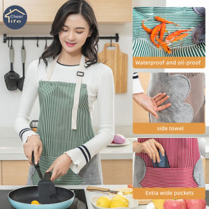 Cheer Life Kitchen Apron Erasable Hand Coral Fleece Fabric and Waterproof Oxford Cloth Striped Japanese Style Bib for Home Cleaning Accessories
