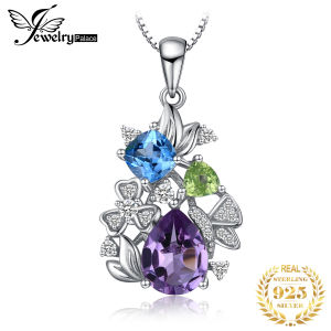 JewelryPalace 925 Sterling Silver Pendant Necklace for Woman No Chain Natural Amethyst Blue Topaz Peridot Chrome Diopside Flower Women No Chain