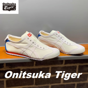 Original Tiger Shoes Classic White/Blue Tail MEXICO 66 SLIP-ON Mens and Womens Canvas Non-slip Lazy Shoes Comfortable Breathable Casual Sneakers D3K0N-100