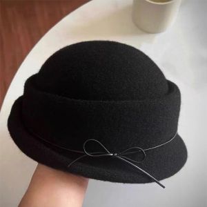 SIRENXI Ngọc trai Mũ topper phong cách Hepburn Cung Phong cách Pháp Mũ xô len Thanh lịch Màu sắc tinh khiết Mũ len ngư dân Quý cô
