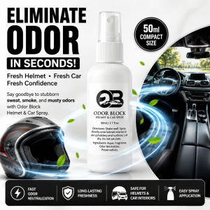 Odor Block Helmet & Car Spray 50ml Compact Size Fresh Confidence Fresh Car Helmet & Car Spray Fast Odor Neutralization Long-Lasting Freshness Safe for Helmets & Car Interiors Easy Spray Application