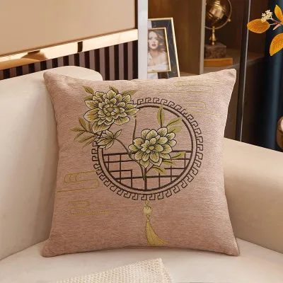 45×45cm Chenille Chinese Style Floral Embroidery Throw Pillow Covers Oriental Peony Tassel Pattern Square Cushion Cases for New Chinese Living Room Sofa Home Decor