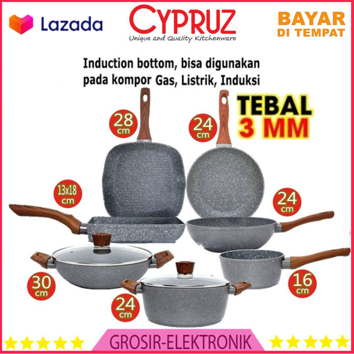 PAKET Cypruz marble cookware set of 7Pc panci wajan kuali anti lengket