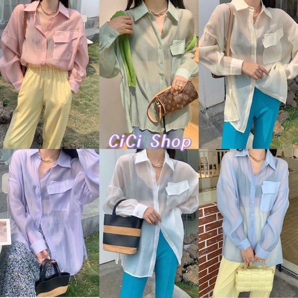 Cici(933)เสื้อเชิ้ตแขนยาว ผ้าชีฟองแบบบาง เซ็กซี่เบาๆใส่แล้วไม่ร้อง เปิด ...