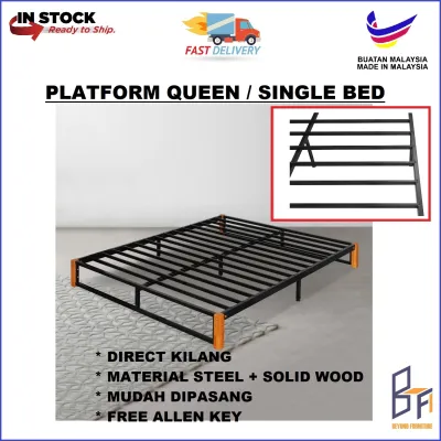 READY STOCK KEDAH Queen / Single Platform Bed Frame Metal + Solid Wood Bedframe Katil Dewasa Simple Bed Room Bedroom Furniture