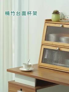 [SG Seller]Countertop Bamboo Spice Rack Cabinet with Fluted Glass Door Kitchen Pantry Organizer for Seasonings