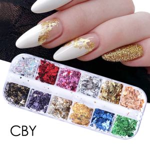 12 Grids Nail Art Sticker Nails Sequins Aluminum Foil Gold Design Glitter Flakes Gel DIY Manicure