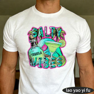 [Local Stock] HBESTY  Salty Vibes Tequila Margarita Palm Tree Beach Men Summer Cotton T Shirt Tropical Cocktail Summer Short Sleeve Basic Tee