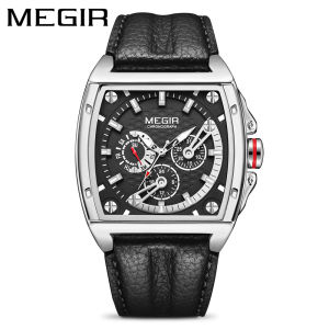 MEGIR multifunctional luminous pointer bucket shaped dial leather strap timing sports waterproof quartz mens watch