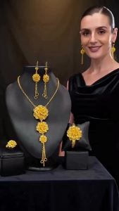 Three Golden Flowers Dubai 24K Gold jewelry set for bride: necklace bracelet earrings and ring (four-piece set)