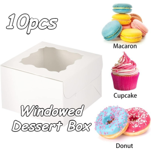 10Pcs Dessert Box With Top Windowed Self-lock Assembly Container For Cupcakes Macarons & Pastries
