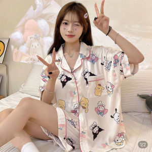 Silky Pajama Set Short Sleeve and Shorts Cooling Set for Women New Kitty Pajamas with a chest pad