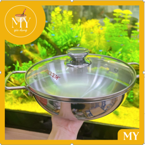 Chảo inox 304 3 Lớp TICOOK có nắp kính - Chảo lẩu inox 304 3 lớp TICOOK Cao Cấp