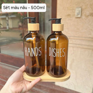 BÌNH ĐỰNG XÀ PHÒNG THỦY TINH CAO CẤP 500ML KÈM KỆ GỖ | BỘ 2 CHAI | BÌNH ĐỰNG NƯỚC RỬA TAY DECOR