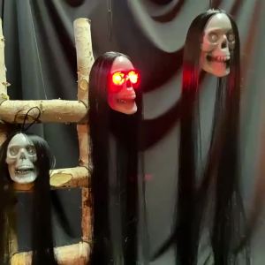 Halloween Hanging Ghost Prop Glowing Ghost Head with Long Hair for Haunted House and Escape Room Decor