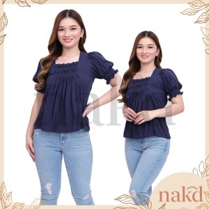 NAKD FASHION DULCIE TRENDY CHALLIS SQUARE NECK SMOCKING PUFF SLEEVES BASIC DAILY CASUAL TOP 1798
