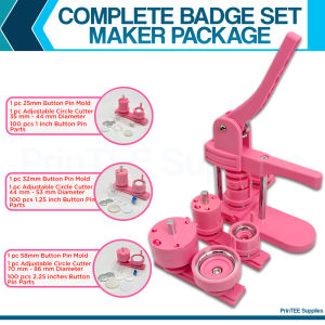PrinTEE - Pink Badge Pin Maker Machine with 25mm 32mm 58mm Mold Set DIY Pin Press Tool