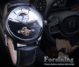 Forsining Automatic Watch Men Moon Phase Golden Skeleton Mechanical Male Watches Casual Brown Leather Band Horloges Mannen Clock