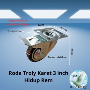 Roda troli Karet Hidup + Rem 3 inch Roda caster kastor etalase troli troly 3"