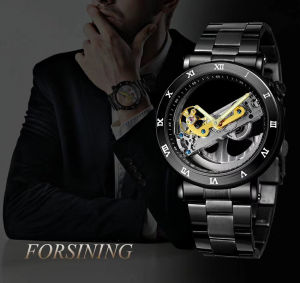 Forsining mens automatic watch luxury transparent mechanical hollow leather strap clock. Mens Gifts
